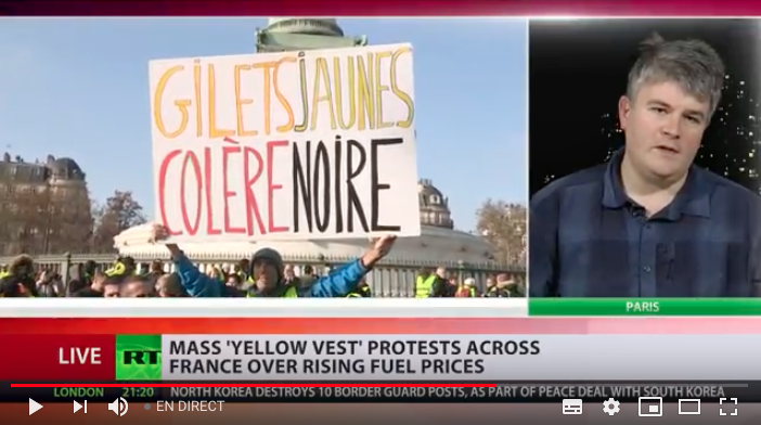 #GiletsJaunes notre camarade Aymeric Monville explique la situation sur Russia Today international