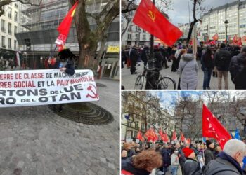 Le PRCF mobilisé pour la paix, présent dans les manifestations avec le mouvement pour la paix. « L’argent pour le salaires, pas pour la guerre »